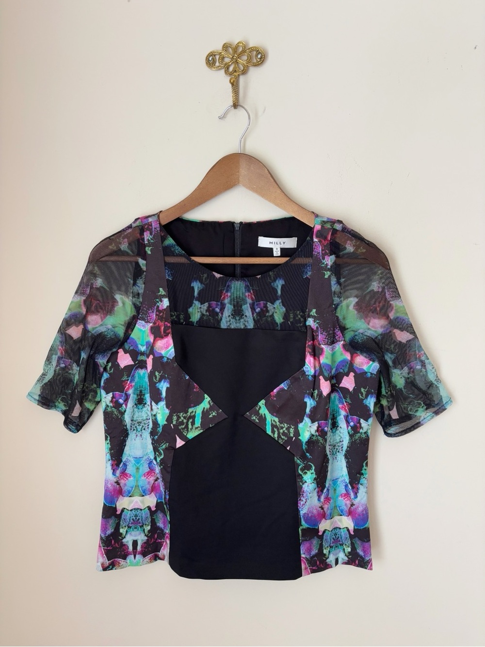 Milly Black Multi Kaleidoscope Print Mesh Top Sz 8